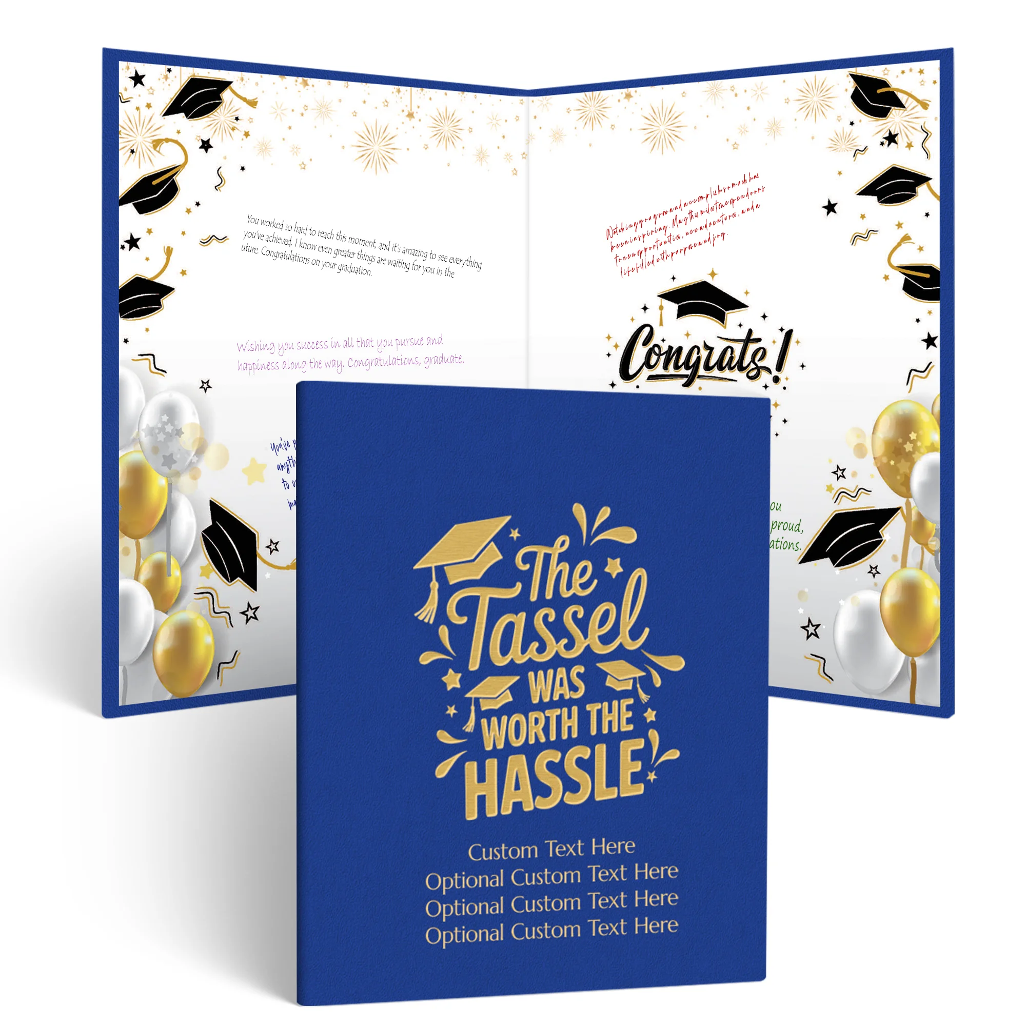 Blue and gold graduation guestbook with a folded cover reading “The Tassel Was Worth The Hassle” and customizable lines “Custom Text Here Optional Custom Text Here Optional Custom Text Here Optional Custom Text Here.” Inside, the grad party guestbook feat